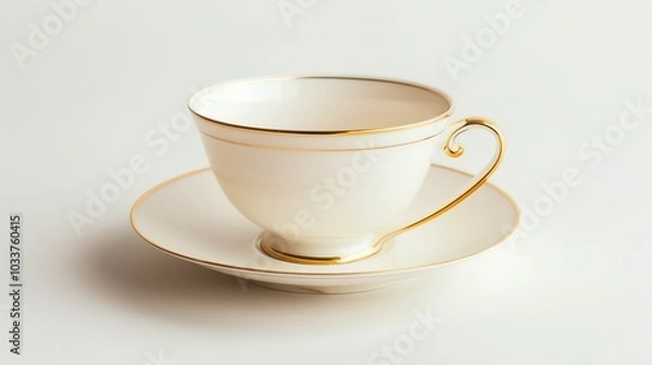 Fototapeta A white teacup and saucer with gold trim.