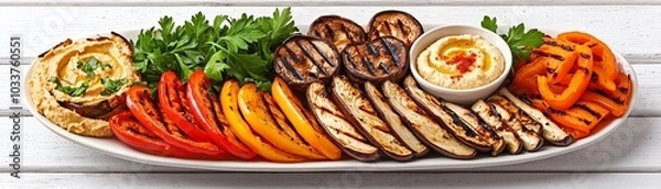 Obraz A colorful platter of grilled vegetables served with hummus, showcasing healthy eating and vibrant cuisine.