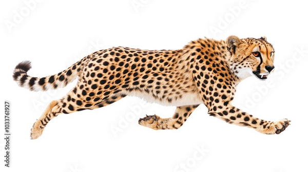 Fototapeta Cheetah running swiftly on a white isolated background.