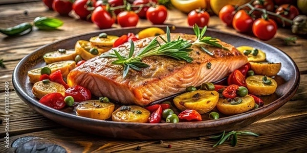 Fototapeta Golden-crusted salmon, nestled amongst vibrant roasted vegetables and a sprig of rosemary, on a rustic wooden surface.