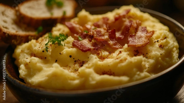 Obraz Scrambled eggs with bacon and cheese, Food stock photo