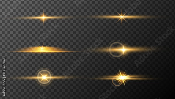 Obraz Lights flare, star flash light, sun rays.Glowing light effect.
Light rays of light set. Golden color with glare and flashes isolated on a transparent background. Light star gold. Light sun gold. 