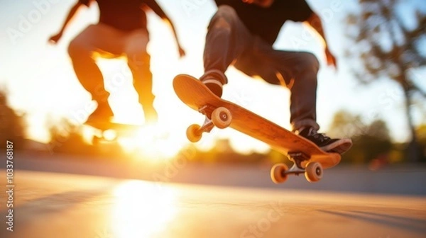 Fototapeta Two skateboarders performing mid-air tricks with the sun highlighting their dynamic movement, encapsulating the thrill and excitement of skateboarding culture.