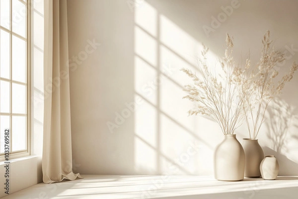 Fototapeta Minimalist vases with dried plants and soft shadows in bright room.