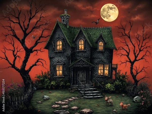 Fototapeta Ancient haunted castle shrouded in darkness,  the spooky forest under the watchful eye of the moon