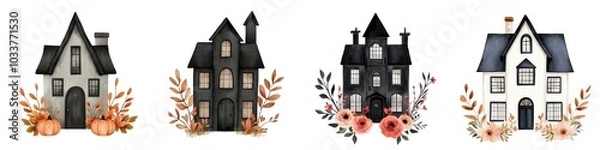 Fototapeta Four illustrated houses with floral accents, varying in design and color, creating a charming and whimsical aesthetic.