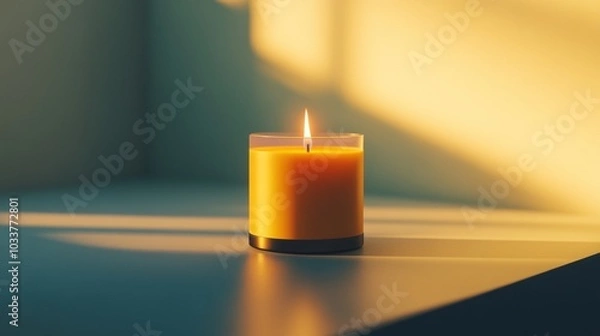 Fototapeta A candle is lit and sitting on a table
