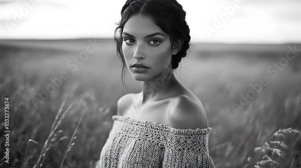 Fototapeta  Black-and-white photograph of an exotic model in the middle of a field. She is wearing an off-the-shoulder knitted dress and has dark hair with braids