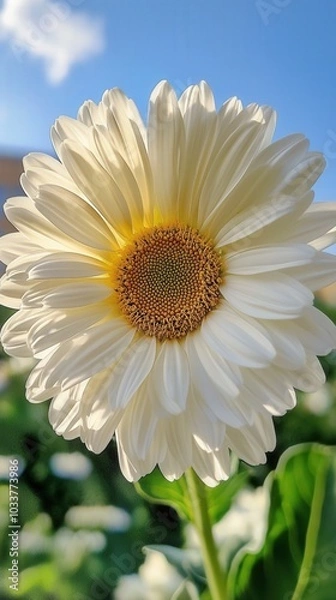 Fototapeta Delicate white daisy blooms under a vibrant blue sky in a serene garden setting