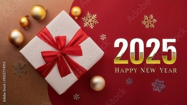 Obraz A image celebrating the new year 2025 with a Christmas setting, a white gift box with a red ribbon is surrounded by golden ornaments and snowflakes on a brown and red background