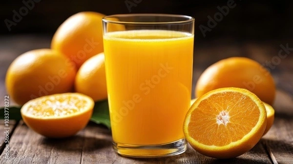 Fototapeta Glass of Orange Juice with Oranges on a Wooden Table