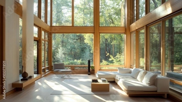 Fototapeta A bright, airy modern living room with expansive windows, clean lines in the minimalist furniture, and wooden walls, showcasing a perfect balance of natural light and contemporary design.