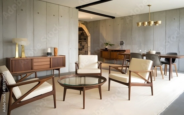 Fototapeta a photo of a mid-century modern space with sleek, angular furniture in walnut finishes.  