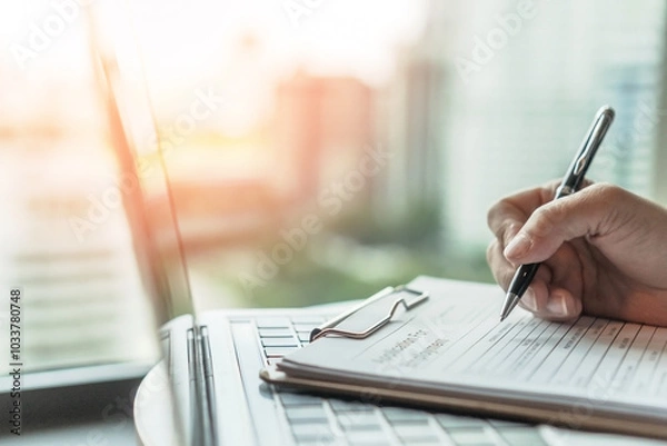 Fototapeta Business application form with applicant filling in company document filing personal profile applying for job, employment opportunity, administrative office career on computer work desk