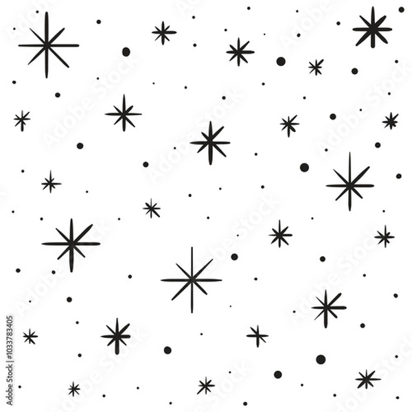 Fototapeta Simple black and white hand drawn snowfall background. Large and small snowflake icons. Vector illustration for winter designs