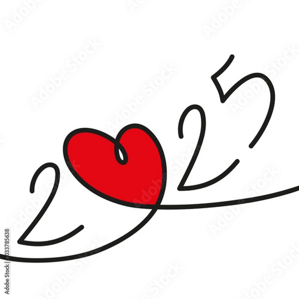 Fototapeta Carte de vœux 2025 sur le concept des rencontres et des relations amoureuses, symbolisé par un dessin au trait, d’un coeur rouge sur fond blanc.