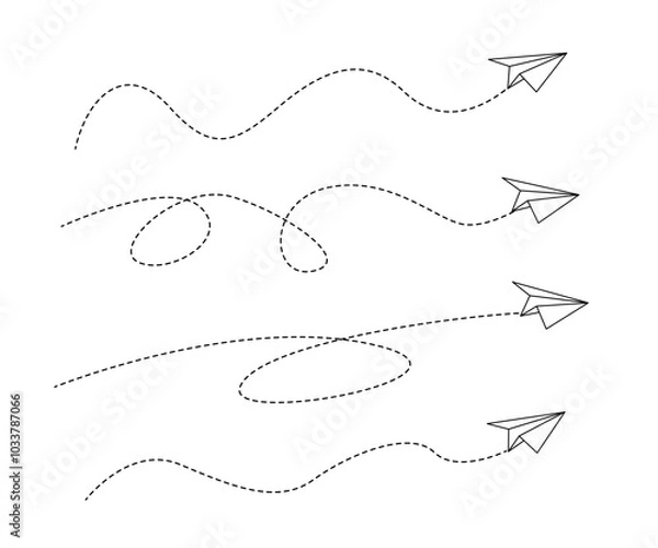 Fototapeta A set of hand drawn black arrows with dotted path lines and paper airplanes. A collection of curved dotted scribble style pointers. Direction, orientation or cursor marks isolated on white background.