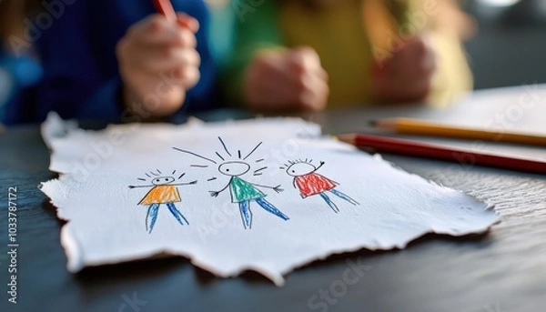 Fototapeta Child s drawing on a torn piece of paper, with dark scribbles over the figures, symbolizing the hidden pain of abuse, art as expression, trauma depiction