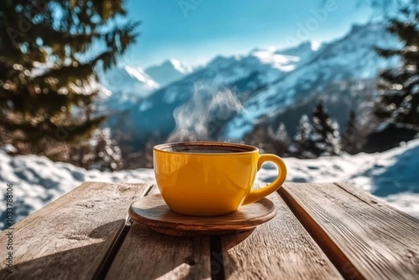 Fototapeta Wooden Table with Yellow Cup of Coffee and Snow-Covered Mountains in Background: Peaceful and Serene Scene with Blue Sky