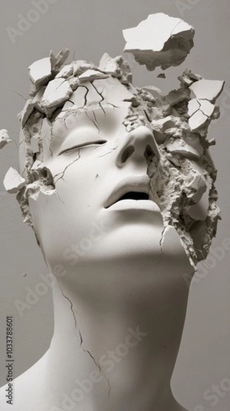 Obraz White plaster sculpture bust bursts apart, representing the struggles of anxiety and depression, portraying emotional anguish and distress