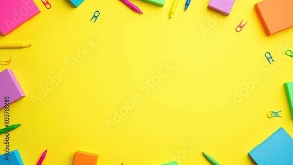 Fototapeta Bright Office Flatlay with Stationery and Colorful Background