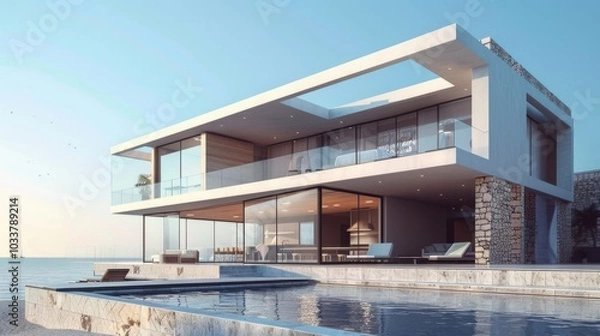 Obraz A contemporary villa with two stories, located by the sea