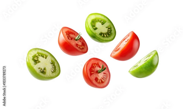 Fototapeta red and green tomatos and slice on transparent background