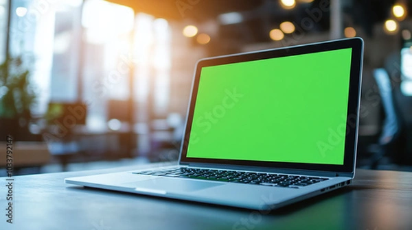 Obraz 3d realistic render of laptop with green screen chroma key monitor in modern office cafe with warm lighting sunlight windows real atmosphere