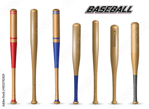 Fototapeta Set illustration of seven wooden baseball bats, each with a unique design. Some bats display natural wood grain, while others feature painted sections in red, blue, or black. The collection highlights