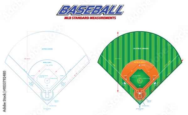 Fototapeta Set illustration of an MLB-standard baseball field layout, including both a technical blueprint and a colored diagram. The diagram illustrates essential measurements and dimensions, such as the