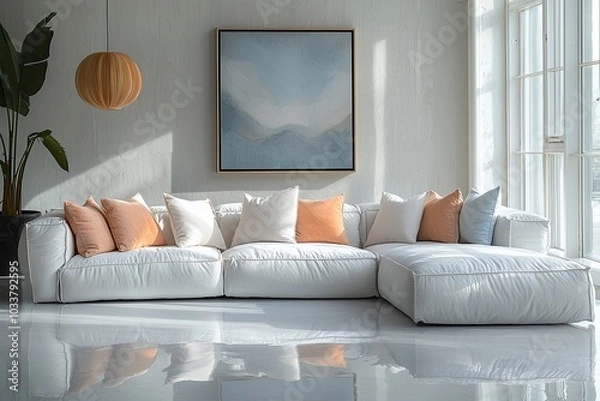 Fototapeta Minimalist, contemporary Scandinavian interiors in the living room with art frames hanging on the wall and sofas. Generative AI
