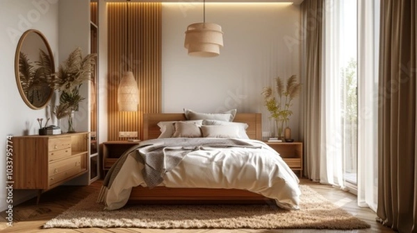 Fototapeta A cozy modern loft Scandinavian bedroom featuring a double bed with a minimalist headboard, bedside tables
