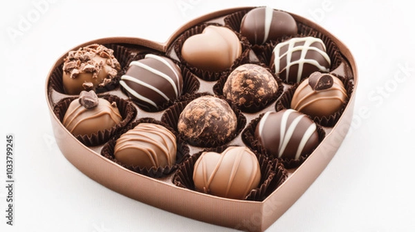 Fototapeta A top view of various chocolate pralines arranged neatly on a white background, showcasing an assortment of indulgent treats. The pralines could be different shapes and sizes, from smooth spheres and 
