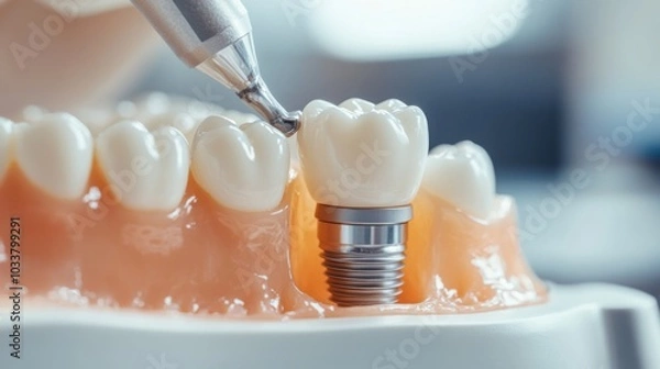 Fototapeta A dental professional is carefully placing a crown on a dental implant in a well-lit clinic. The scene captures the precision of the procedure and advanced dental technology being utilized.