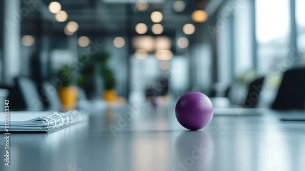 Obraz A single purple stress ball sits centered on a modern office desk, with blurred office furniture in the background, symbolizing stress relief and work-life balance.