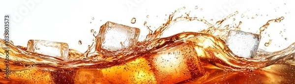 Fototapeta Refreshing splash of cola with ice cubes, perfect for summer drinks or beverage promotions.