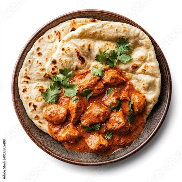 Fototapeta Top view of a ceramic plate with butter chicken and naan bread isolated on white background