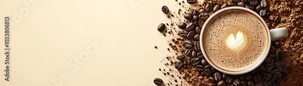 Fototapeta A cozy cup of coffee surrounded by aromatic coffee beans, perfect for coffee lovers and promotional materials.