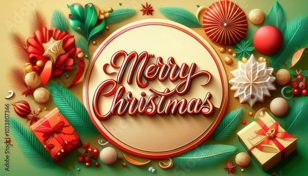 Obraz A central circular banner reading Merry Christmas with festive decorations in red and white script font surrounded by red and gold ornaments on a gradient green and yellow background.