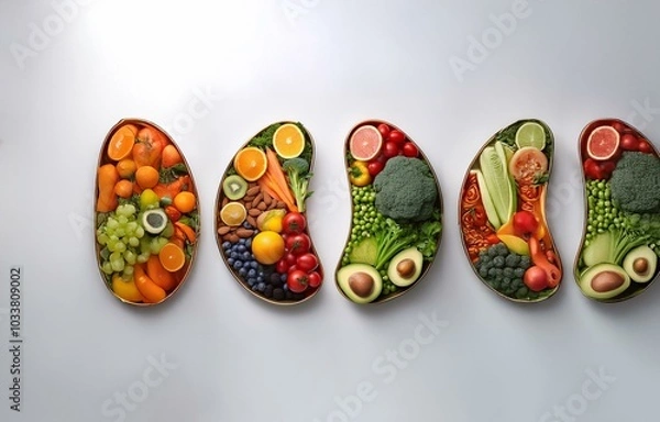 Fototapeta Five bowls of fruit and vegetables are arranged in a row on a white surface.