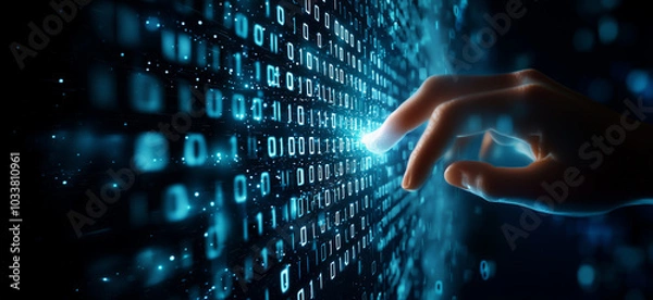 Obraz Human hand interacting with a wall of binary code, symbolizing digital interaction and the interface between humans and technology in a futuristic digital world