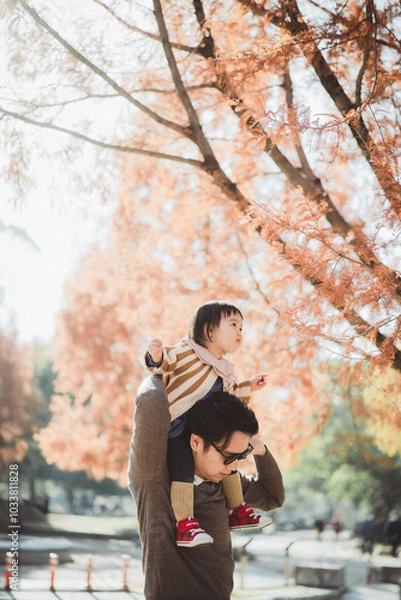Obraz 紅葉の木と肩車される女の子