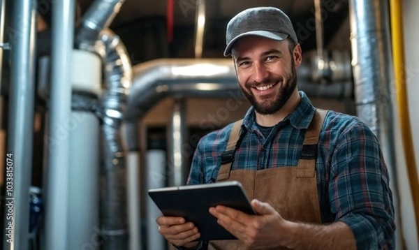 Fototapeta Happy homeowner plumber, HVAC technician, man using a mobile phone in a basement by water heater, burner, duct work. DIY repair or install, happy with work done, quote