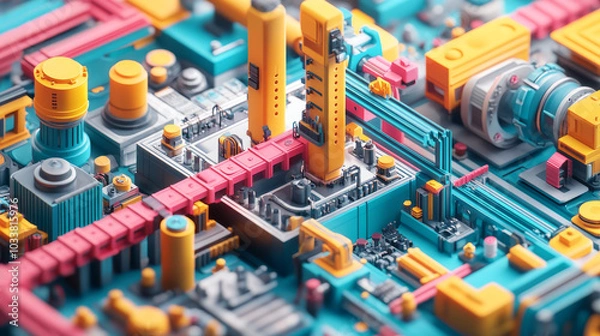 Fototapeta An abstract, colorful machine representing Industry 4.0, viewed from above, set on a textured background in a 3D illustration.



