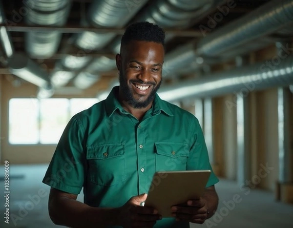Fototapeta Happy homeowner plumber, HVAC technician, man using a mobile phone in a basement by water heater, burner, duct work. DIY repair or install, happy with work done, quote