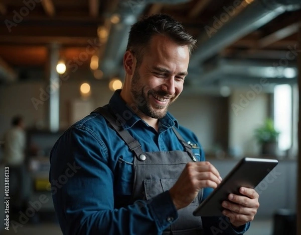 Fototapeta Happy homeowner plumber, HVAC technician, man using a mobile phone in a basement by water heater, burner, duct work. DIY repair or install, happy with work done, quote