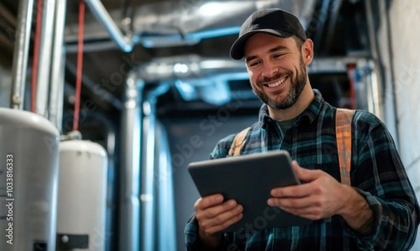 Fototapeta Happy homeowner plumber, HVAC technician, man using a mobile phone in a basement by water heater, burner, duct work. DIY repair or install, happy with work done, quote