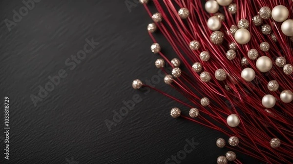 Fototapeta A decorative arrangement of red and gold beads along with ivory pearls on a black textured surface, creating an elegant and luxurious artistic presentation.
