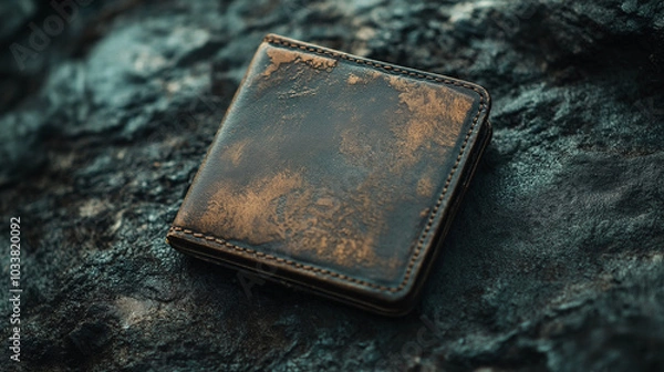 Fototapeta A worn wallet with no money inside, placed on a rough surface, representing financial insecurity. Copy space, poverty