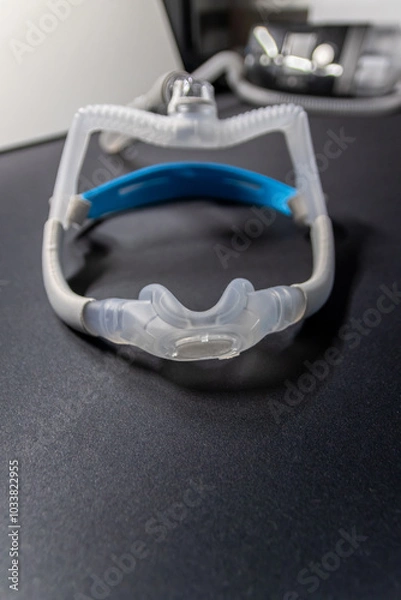 Fototapeta CPAP mask with nose mask or nose mask headgear cpap machine against obstructive sleep apnea helps patients as respirator mask headgear clip for breathing therapy snoring sleep disorder better sleeping